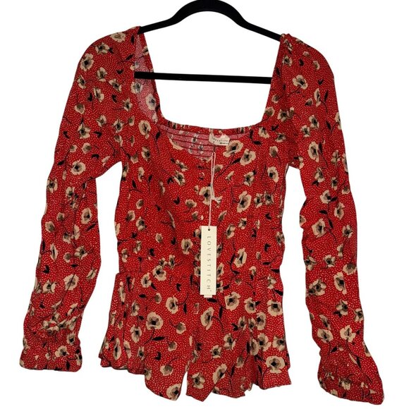Lovestitch Women's Red Floral Long Sleeve Blouse S With Square Neckline & Peplum - Picture 1 of 11